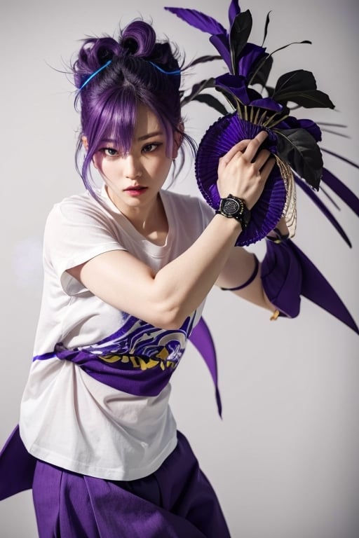 focus female, raiden_shogun, purple colorful_hair, purple eyes, neutral angry face, tshirt clothes