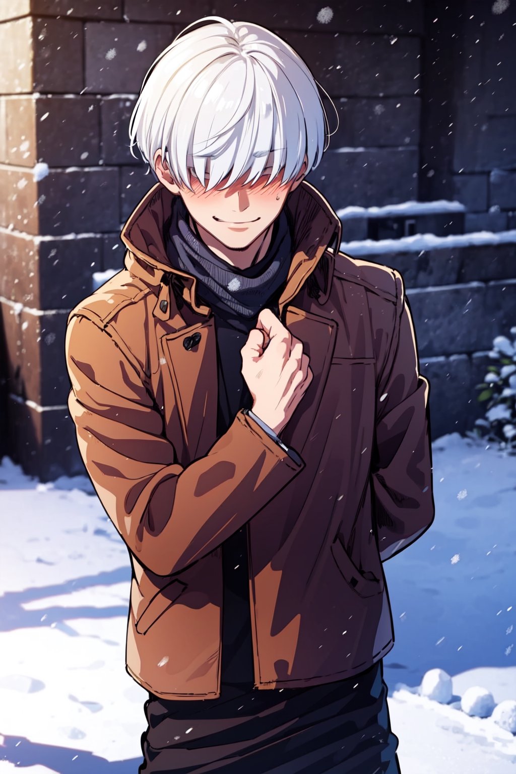 gojo satoru, masterpiece, best quality, (1boy), hair over eyes, white hair, winter clothes, winter season, evil smile, blush, AOTSalute,