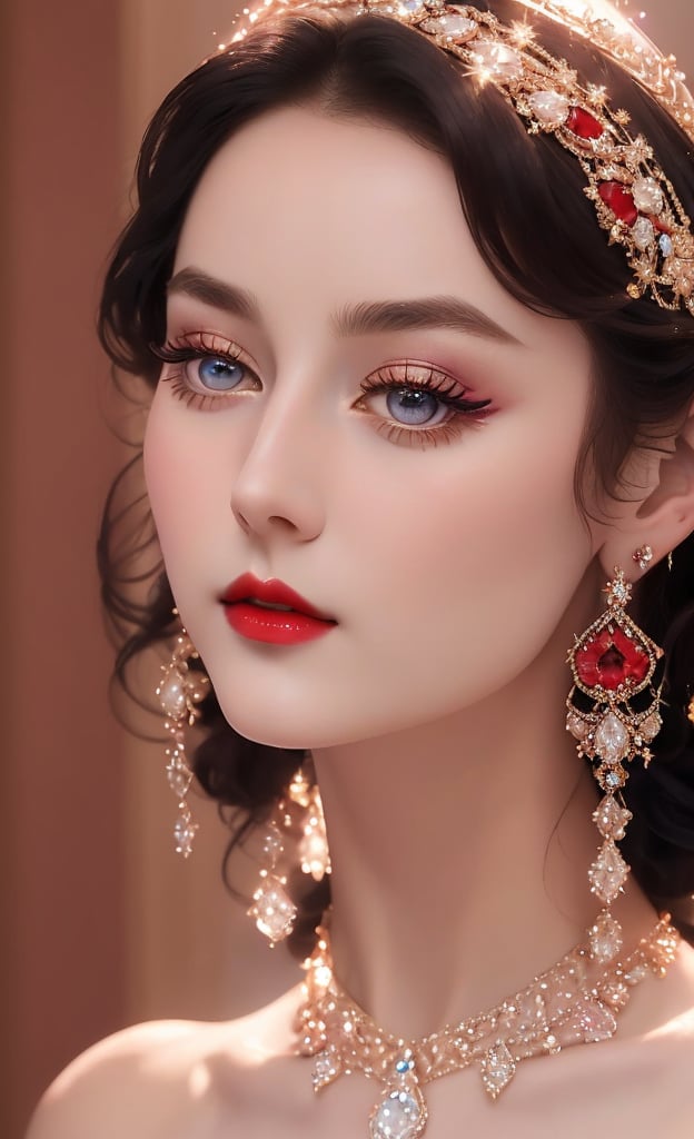 Masterpiece, best, 1 girl (170cm,48kg), solo, ((extremely exquisite and beautiful)),Italian girl, 18 years old, (big breasts:1.3), milky white skin, beautiful and delicate light blue eyes, (close up of face), ring earrings, necklace, (thick eyeliner), (eye shadow),(red lips), ((blush)), ((pointy nose)), smile, nsfw, sexy,