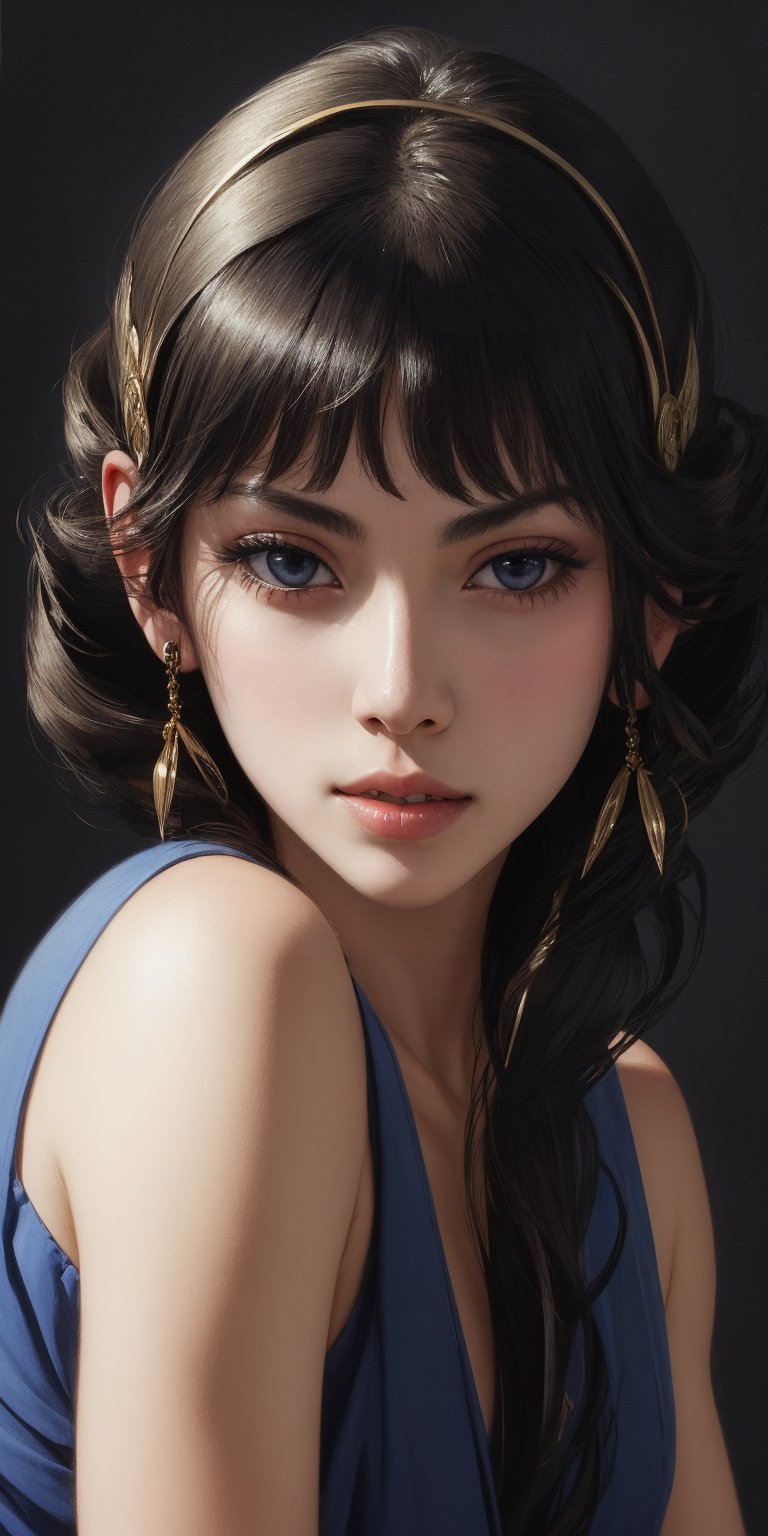 Perfect face, perfect body, perfect eyes, glamorous, gorgeous, delicate, blue eyes, Harrison Fisher dark twist style, by Tokaito,fellajob, close uo of face, 