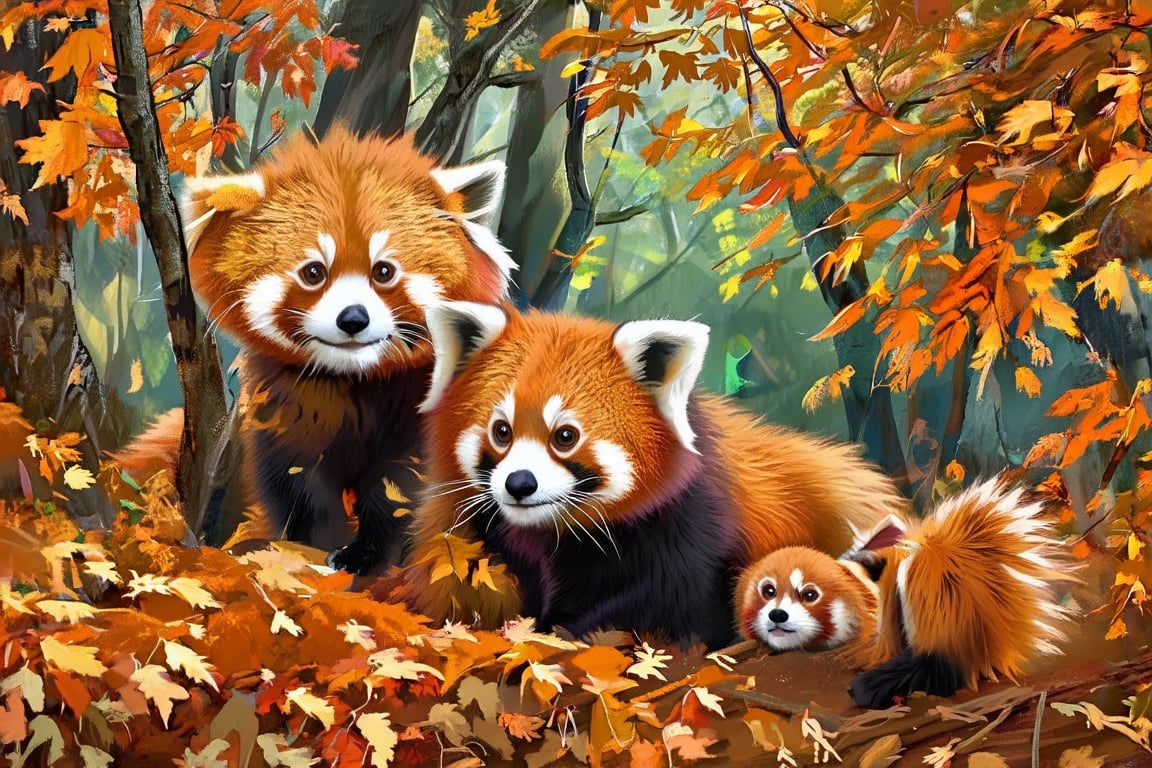 A cozy family of red pandas snuggled together in a forest, surrounded by soft autumn leaves, with gentle sunlight filtering through the trees.