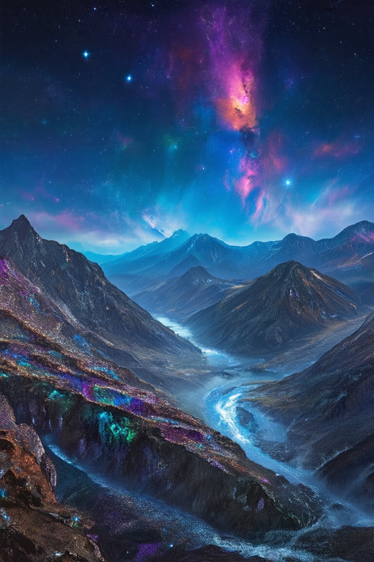 A cosmic landscape where mountains are made of shimmering quartz, the sky filled with colorful nebulae and stars, and rivers of liquid silver flow through the valleys.