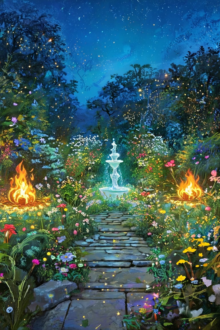 An enchanted garden at twilight, with flowers that glow softly in the dark, intricate stone pathways, and a magical fountain at the center, surrounded by glowing fireflies.