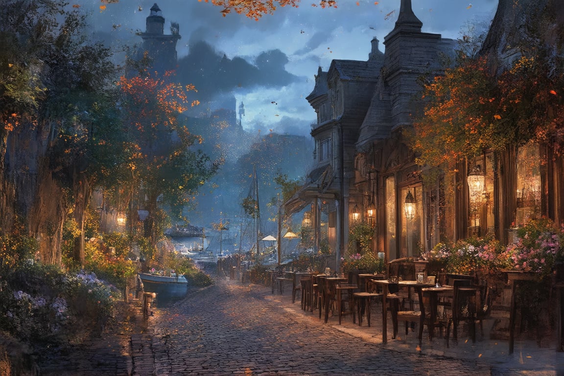 Bustling future harbor city street scene (summer night scene): "Generate a realistic and stunning leisure open-air cafe landscape, the scene should have the charm of the fusion of architecture and nature. Dusk, thick fog, starry sky, charming colorful clouds, beautiful royal garden plants, gorgeous flowers, cobblestone pavement, natural stone steps, sunlight shining through dense ancient towering trees on the cobblestone streets, the falling leaves in the sky seem to dance in the air, and a mysterious (stately) house from the Viking era. The old stone and wood structure house and technological lighting are particularly charming, reflecting the fusion of cyberpunk and art punk imagery.