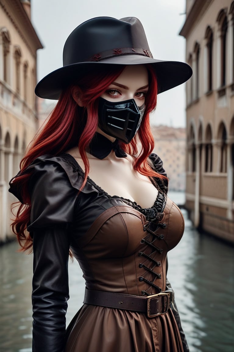 score_9, score_8_up, score_7_up, female_solo, hazel eyes, red hair, slender hot body proportion, looking at viewer, brown dress,corset, leather plague doctor mask, depth_of_field, rainy, venice city, d4rk01l