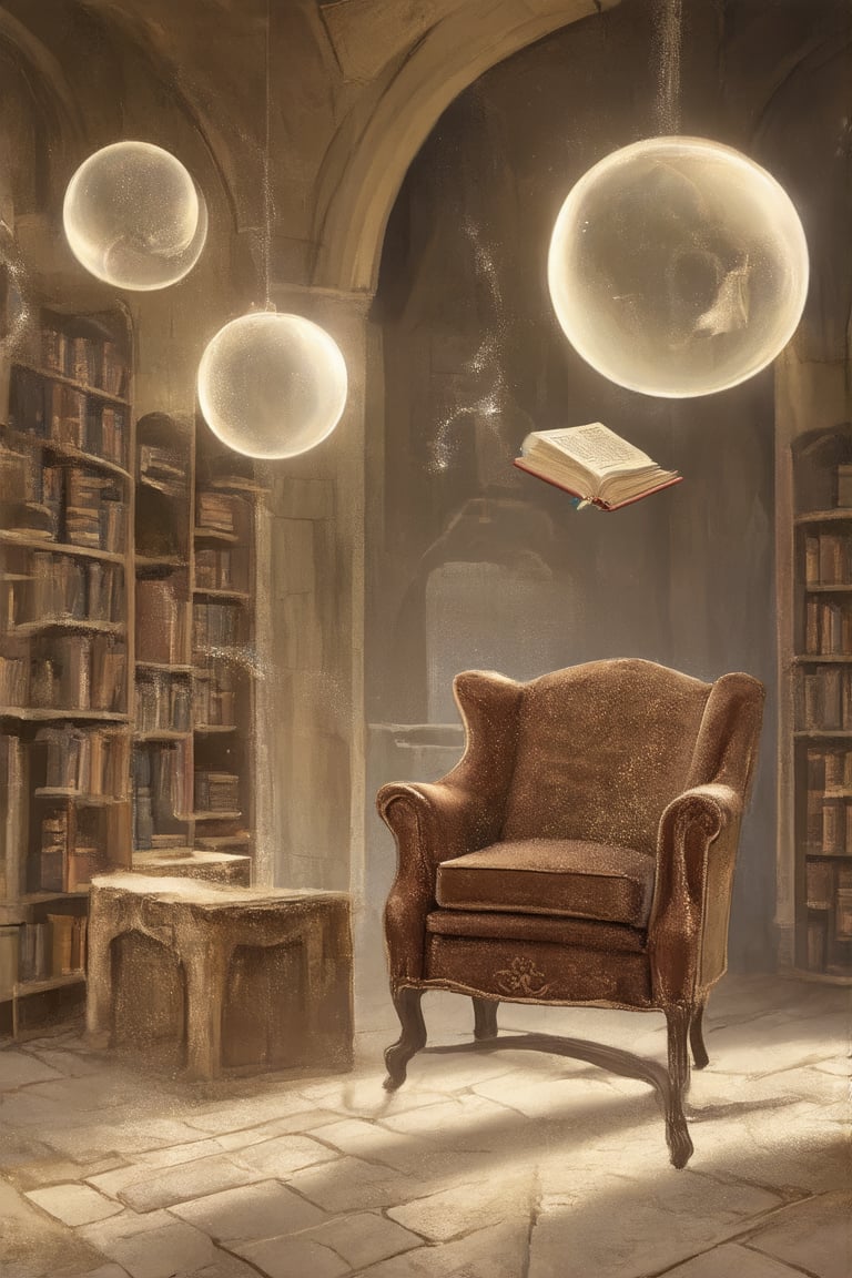 A majestic, ethereal shot frames the mystical library, where delicate, floating books hover amidst a soft, luminescent glow emanating from the orbs. Towering bookshelves, adorned with ancient scrolls, stretch toward the vaulted ceiling, casting long shadows on the stone floor. Dust motes dance in the warm light as a lone, leather-bound tome floats above a velvet-soft armchair.