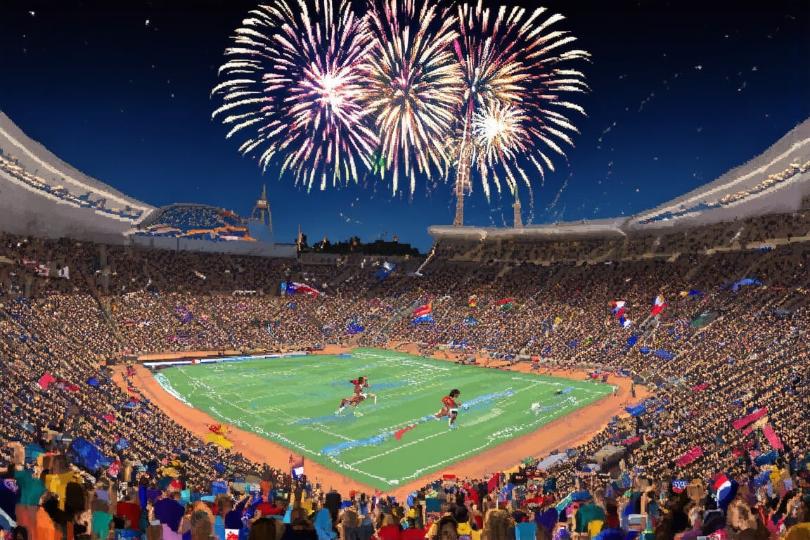 Panoramic view from above, showcasing the grandeur of a massive stadium, bathed in warm sunlight on a radiant Parisian evening, as the Olympic Games unfold. The stands overflow with enthusiastic spectators, their faces aglow with excitement. On the field below, athletes dash and leap, their forms rendered in vibrant 8-bit pixel art, amidst a kaleidoscope of colorful flags waving gently in the breeze. Fireworks burst forth from above, casting a kaleidoscope of colors across the night sky, as the atmosphere is electrified by the energy of the competition.