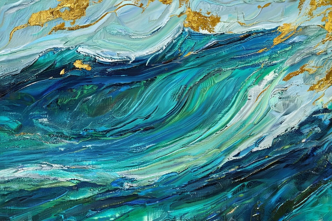 A close-up of an abstract, textured canvas where layers of oil paint form a swirling ocean of deep blues and greens, with gold leaf accents catching the light.