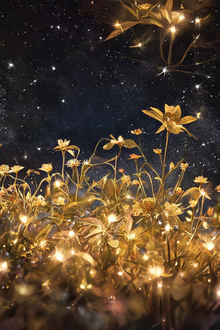 A dreamy close-up shot frames the mystical garden, with a shallow depth of field emphasizing the luminescent flowers and leaves. Soft, golden lighting emanates from the gemstones, casting a warm glow on the iridescent petals. The velvety blackness of the night sky serves as a dramatic backdrop, allowing the celestial blooms to shimmer like stars. A gentle breeze stirs the delicate petals, causing them to softly sway in harmony with the twinkling lights above.