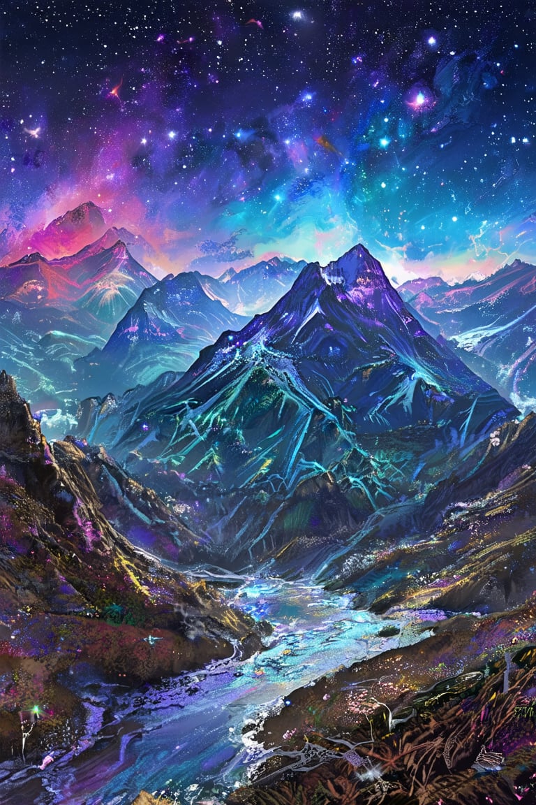 A cosmic landscape where mountains are made of shimmering quartz, the sky filled with colorful nebulae and stars, and rivers of liquid silver flow through the valleys.