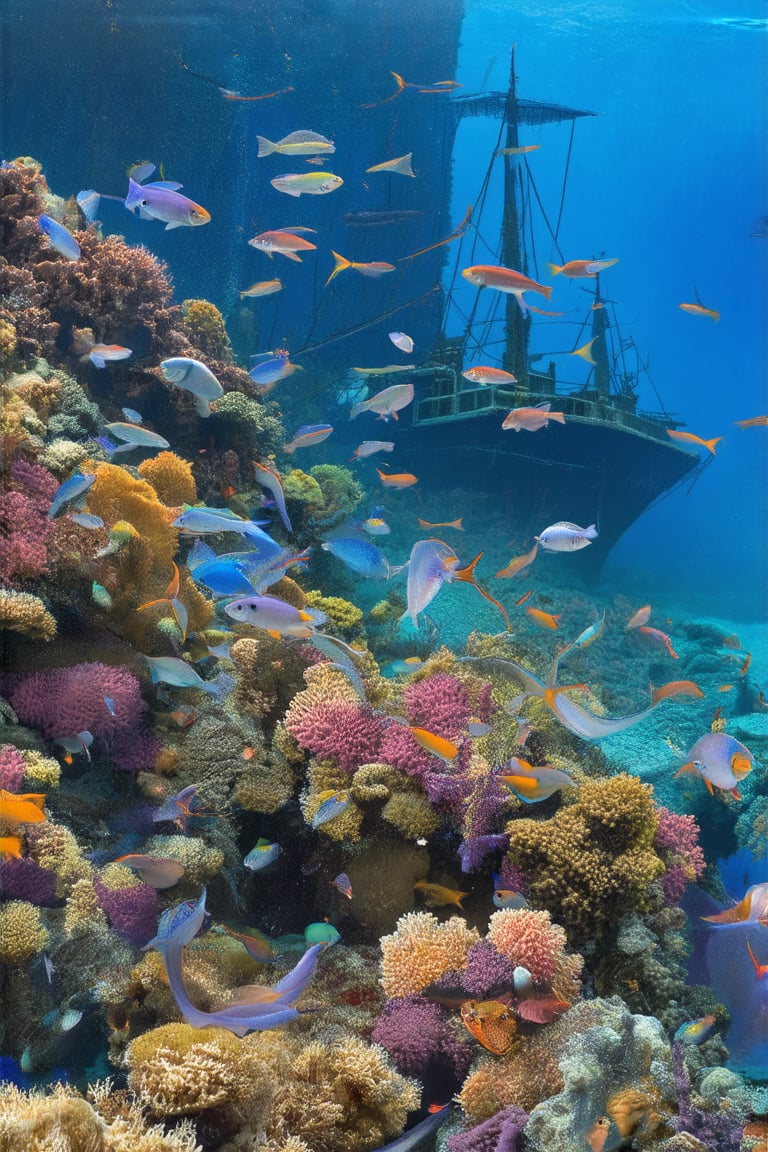 An underwater coral reef teeming with vibrant marine life, with schools of fish swimming through intricate coral formations, and a sunken ship in the background.