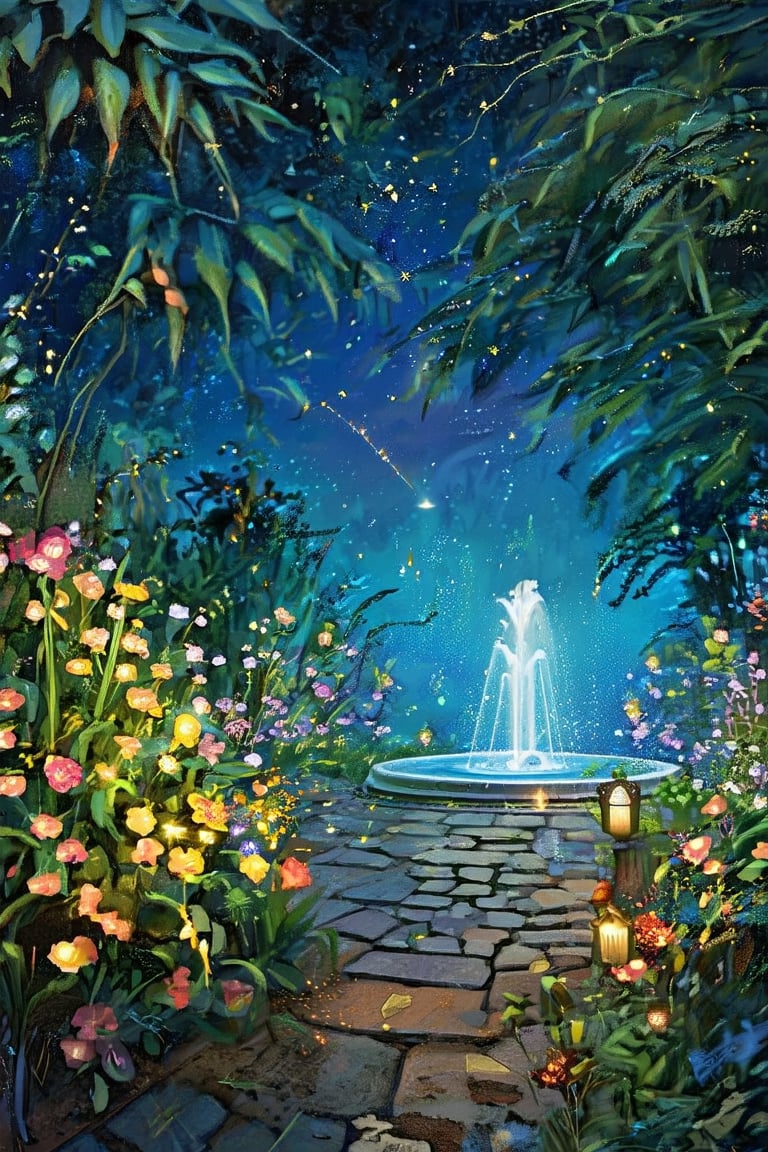 A whimsical twilight scene unfolds: an enchanted garden bathed in soft, ethereal light as flowers radiate gentle luminescence amidst intricately carved stone pathways. A majestic fountain, aglow with mystical energy, stands sentinel at the heart of this verdant haven, while fireflies dance about it like tiny lanterns, casting a mesmerizing glow on the lush foliage.