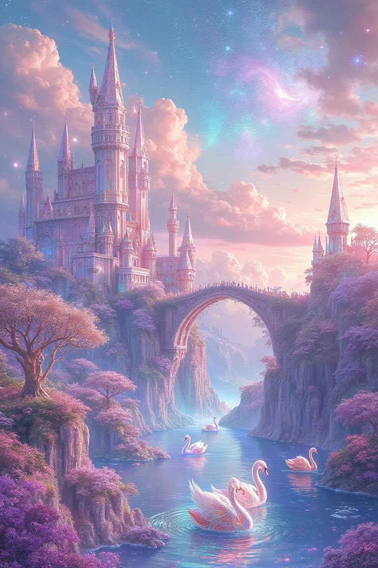 A mystical realm of wonder, where pastel-hued clouds drift across a sky of rose-gold and amethyst, overshadowing a landscape of crystal spires and luminescent wildflowers that shimmer with an ethereal glow, beneath which mythical Luminari creatures, with iridescent wings and tails that leave glittering trails, dance amidst iridescent wisps of fairy dust, as a crystal castle with towers that twist like sugar-glass and a dragon-guarded drawbridge that arcs like a rainbow, rises above the whispering crystal forest where ancient tree-beings with leaves that shimmer like the moon and branches that hum a gentle melody, stand sentinel over a shimmering river of stardust that flows into a great shimmering lake, where a flotilla of boats shaped like swans and leaves and flowers, sail across waters that reflect the starry sky above, guided by gentle fey creatures with skin like moonlight and hair like stardust.