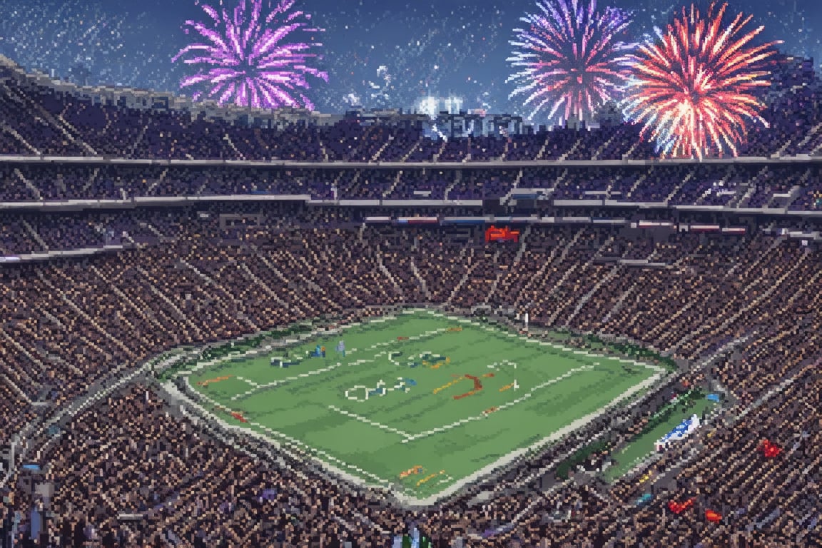 scenery, masterpiece, best quality, , low-res, blocky, pixel art style, 8-bit graphics, huge stadium, stands, Olympic Games, Paris, 2024, Athletes compete on the field, spectators sit in the stands, fireworks in the sky, flags, ,from above,outdoors,DonMC3l3st14l3xpl0r3rsXL