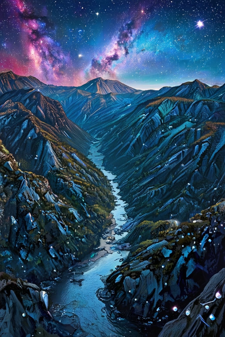 Aerial perspective captures a breathtaking vista of crystalline mountainside, their facets glinting like a kaleidoscope of diamonds against the vibrant tapestry of nebulae-studded sky. Rivers of molten silver snake through valleys, reflecting the radiant hues of the celestial canvas as starlight dances across the scene.