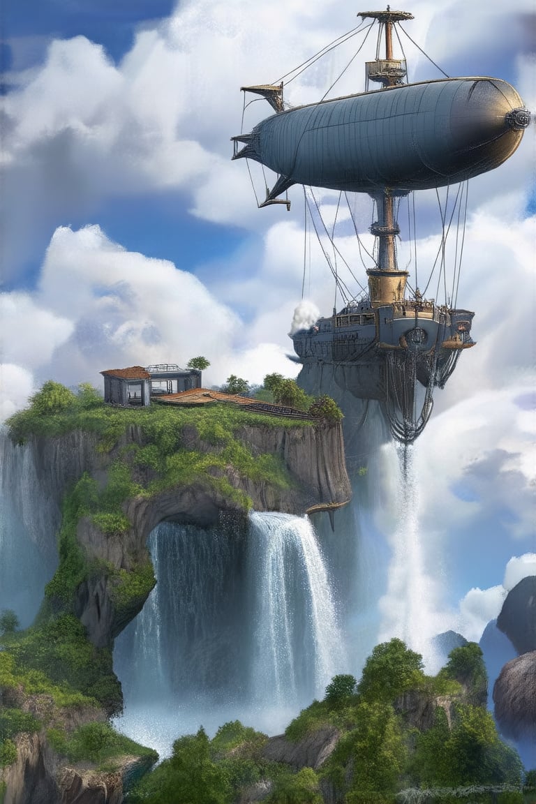 A steam-powered airship docked at a floating island, surrounded by clouds and waterfalls cascading from the edge into the sky below.