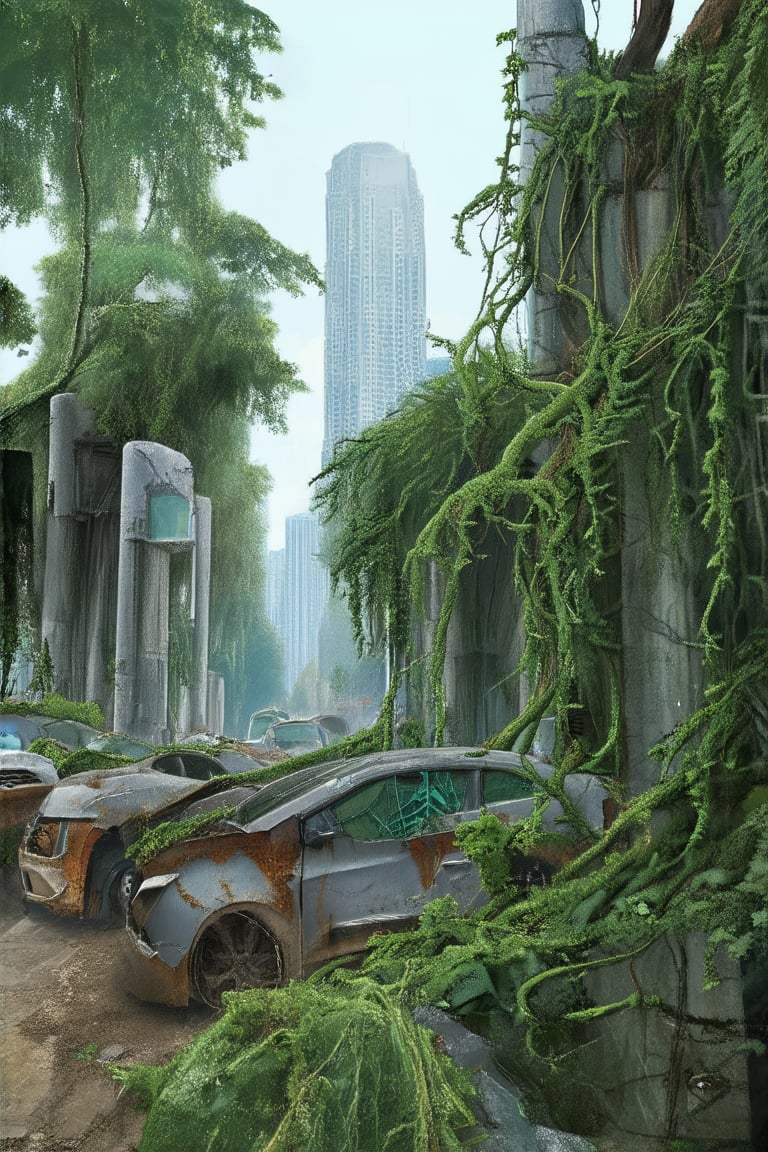 A sprawling metropolis lies in ruin, skeletal towers piercing the sky like metal stalactites as lush greenery claims the streets. Vines wrap around rusted cars, their windows shattered like broken mirrors. Overgrown concrete pillars support twisted vegetation, a testament to nature's relentless grasp on this once-thriving cityscape.