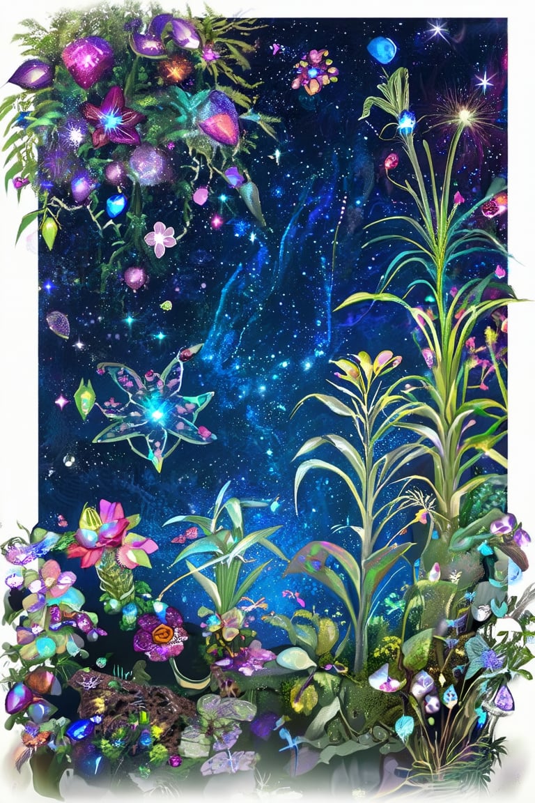 A celestial garden made of glowing gemstones and iridescent petals, where each plant and flower radiates a soft, ethereal light under a velvet night sky.