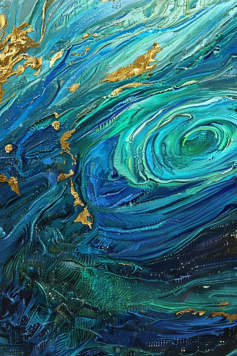 Close-up shot of a textured canvas, the camera lens focusing on intricate oil paint layers resembling a turbulent ocean. Deep blues and greens swirl together, as if churning underwater currents. Gold leaf accents glint in the light, adding an air of luxury and mystery to this abstract masterpiece.