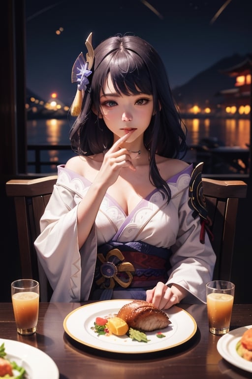 masterpiece,raidenshogundef,masterpiece, incredibly absurdres, ultra detailed, ultra quality, sharp focus, soft smile, 1girl, sitting, table, nighttime, big window, {(turkey on a plate)}. animated eating