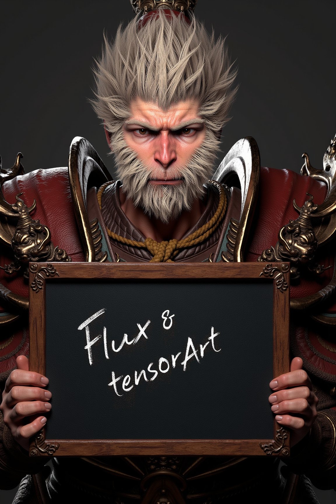 Wukong, a man in armor with a beard and a beard, Full body, holding a blackboard with Flux & TensorArt online training tutorial written on it