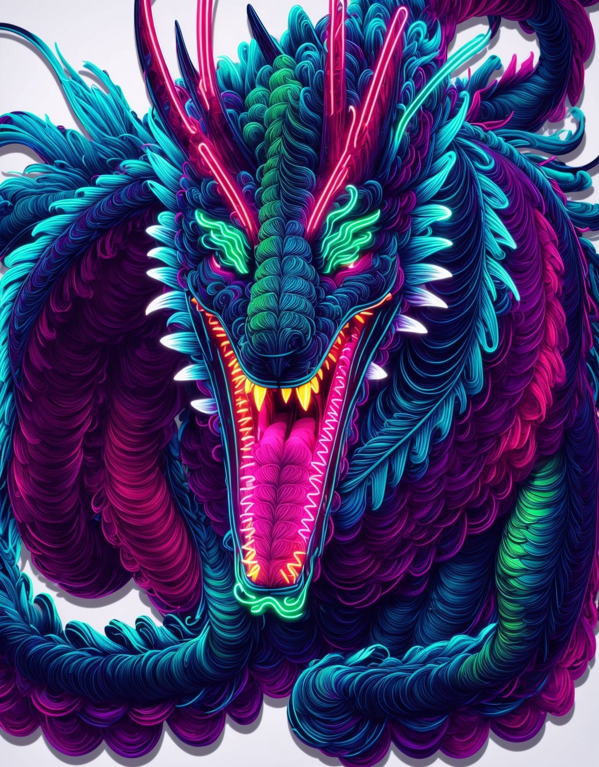 neon dragon, open mouth, (yellow teeths), red claws, red eyes, (large green whiskers), glowing, {((white background))}, , neon dragon,insertNameHere