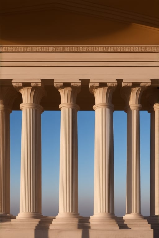 A grand view of a classical Greek temple, featuring a row of majestic Doric columns, standing tall and evenly spaced. The columns are made of smooth, white marble, with fluted shafts and simple capitals. The scene is bathed in the golden light of the setting sun, casting long shadows and highlighting the intricate details of the architecture. The composition is symmetrical, with the columns leading the eye towards the temple's entrance, creating a sense of grandeur and timelessness