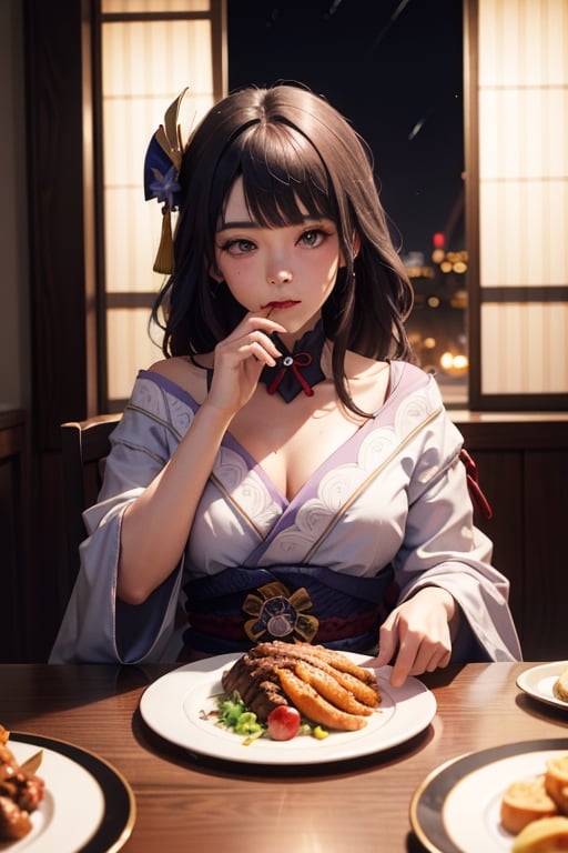 masterpiece,raidenshogundef,masterpiece, incredibly absurdres, ultra detailed, ultra quality, sharp focus, soft smile, 1girl, sitting, table, nighttime, big window, Turkey on a plate. animated eating