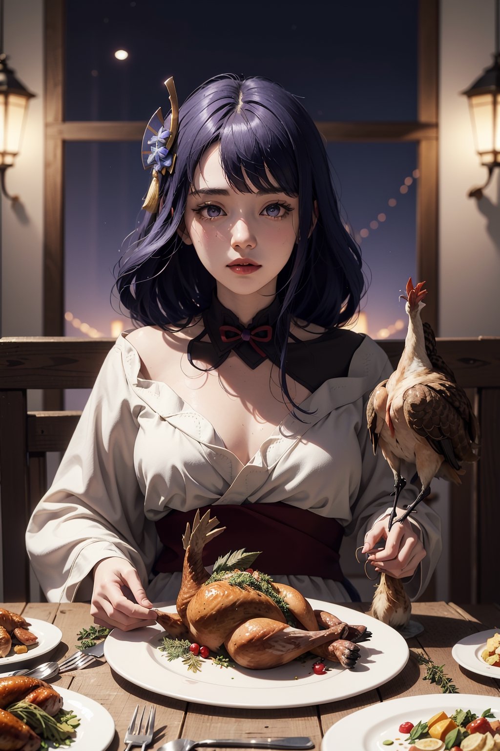 masterpiece,raidenshogundef,masterpiece, incredibly absurdres, ultra detailed, ultra quality, sharp focus, soft smile, 1girl, sitting, table, nighttime, big window, {(((she Holding a turkey on a plate)))}. animated eating,Detailedface