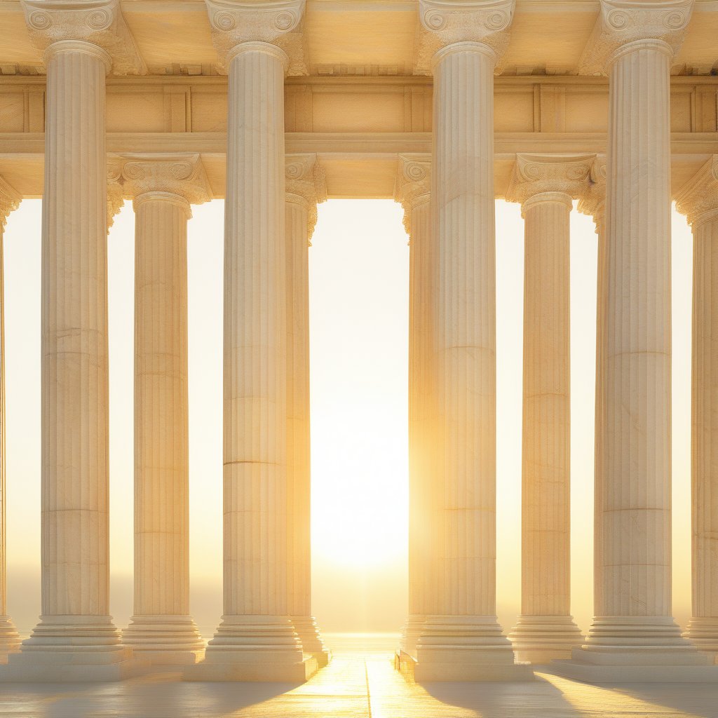 A grand view of a classical Greek temple, featuring a row of majestic Doric columns, standing tall and evenly spaced. The columns are made of smooth, white marble, with fluted shafts and simple capitals. The scene is bathed in the golden light of the setting sun, casting long shadows and highlighting the intricate details of the architecture. The composition is symmetrical, with the columns leading the eye towards the temple's entrance, creating a sense of grandeur and timelessness.