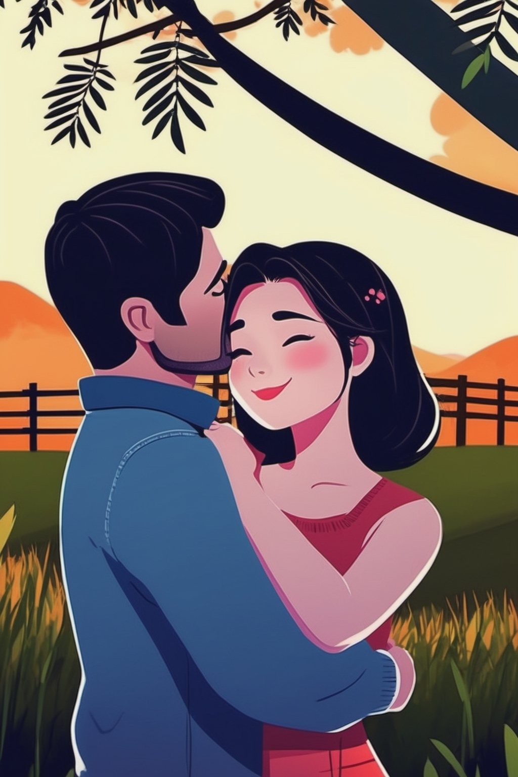 Touching scene, couple in love (farm) Emotional expression, ((a man handsome, very attractive, dark-haired, rude, 38-year-old man)) ((a woman beautiful, very beauty, dark-haired, long-haired, slender, 30-year-old woman)), Illustration, High Resolution, Lighting, Passionate, Cute Facial Features, Emotional Scene, Couple Kissing, Affectionate Expression, (Casual, Country Wear), Mixed Media Tools, Mixed Media, High Resolution, Warm Lighting, Affectionate Intimate Facial Features, Beautiful Landscape Background