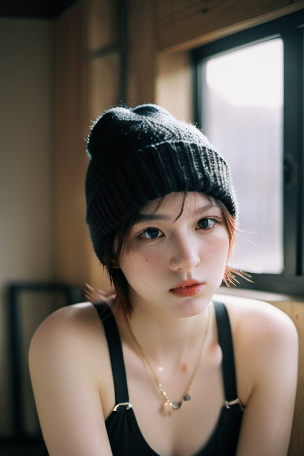 xxmixgirl,Thorough, analog style, eye focus, highest quality, (highly detailed skin), photo of a exquisitely beautiful pale skin punk Dutch girl, 21yo, (wearing harness, and beanie), perfect face, alluring eyes, [seductive makeup], skin pores, (piercing:0.5), indoor, messy bedroom, (bokeh:0.6), sharp focus, dappled lighting, (backlighting:0.7), film grain, photographed on a Sony A7R IV, 18mm F/1.7 cine lens, (highly detailed, intricately detailed), 8k, HDR, seductively posing, front view, (uppper body:0.9),FilmGirl