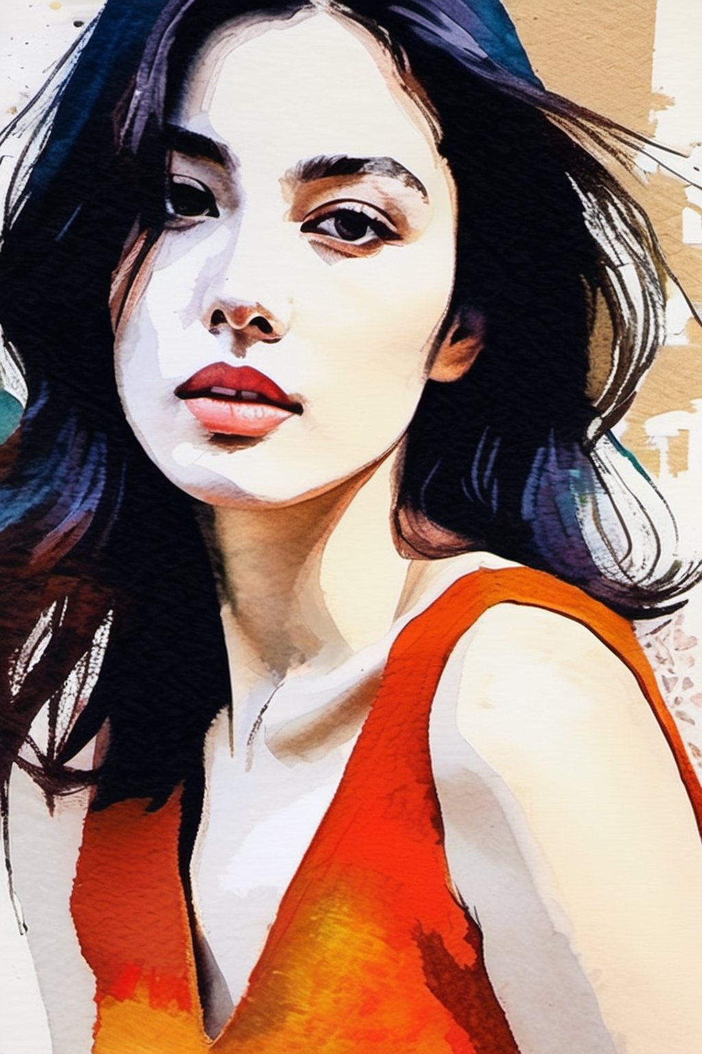 a drawing of a woman, portrait, lookin at the camera, colorful, hints of oil painting style, hints of watercolor style, brush strokes, negative white space, captivating beauty, crisp, sharp, textured collage, layered fibers, post-impressionist, hyper-realism, 