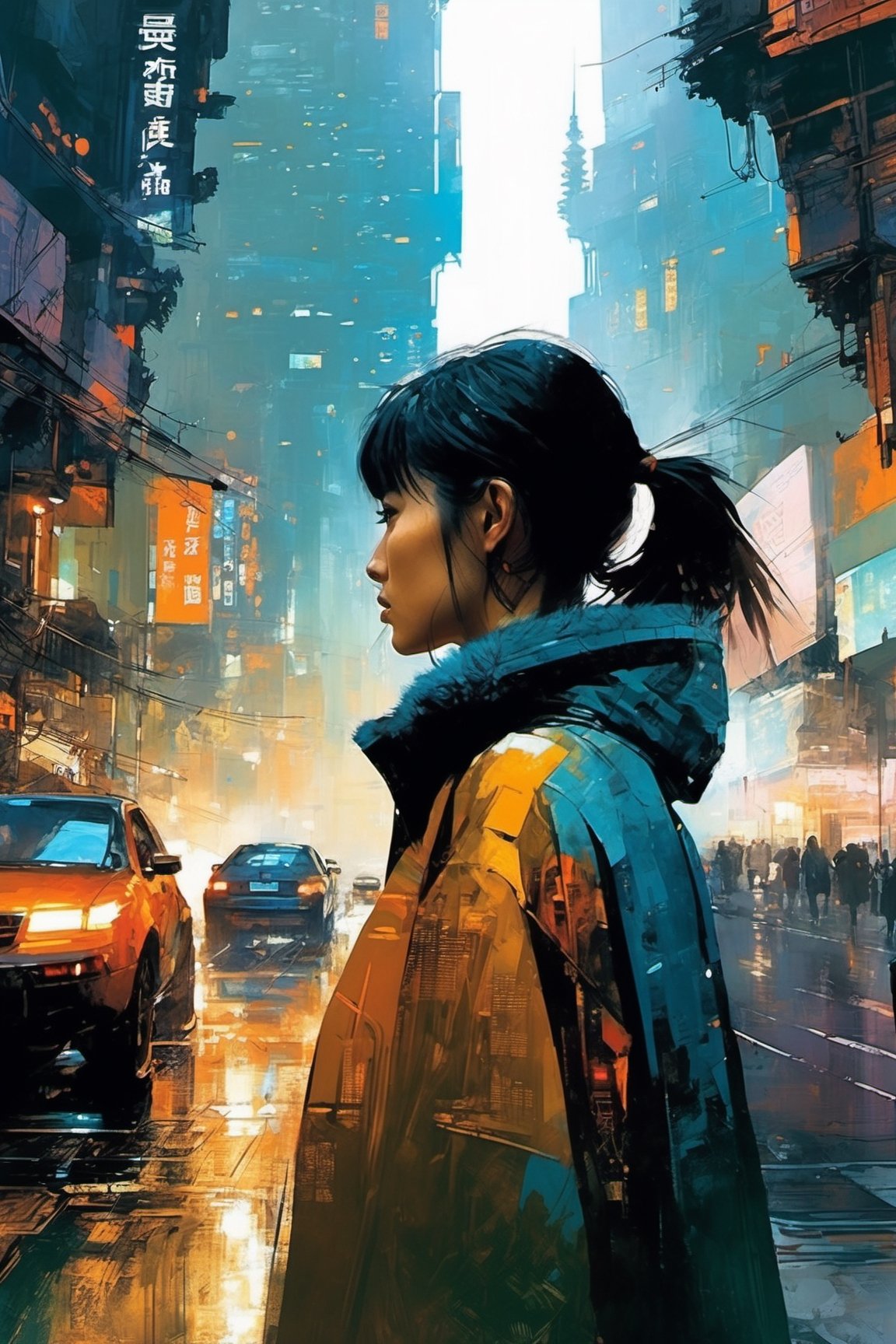 double exposure, blade runner city and  close up face of 1girl, art by Ian McQue,cyberpunk city,fuzzy coat,Taipei 101,