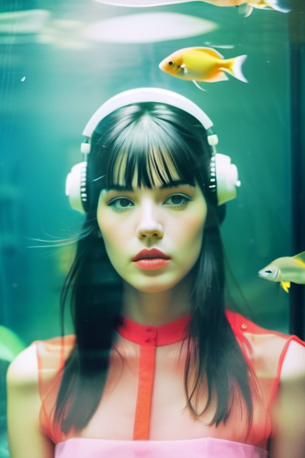 (Double exposure:1.3) 1girl, bangs,35mm,aquarium,aesthetic portrait,Vogue