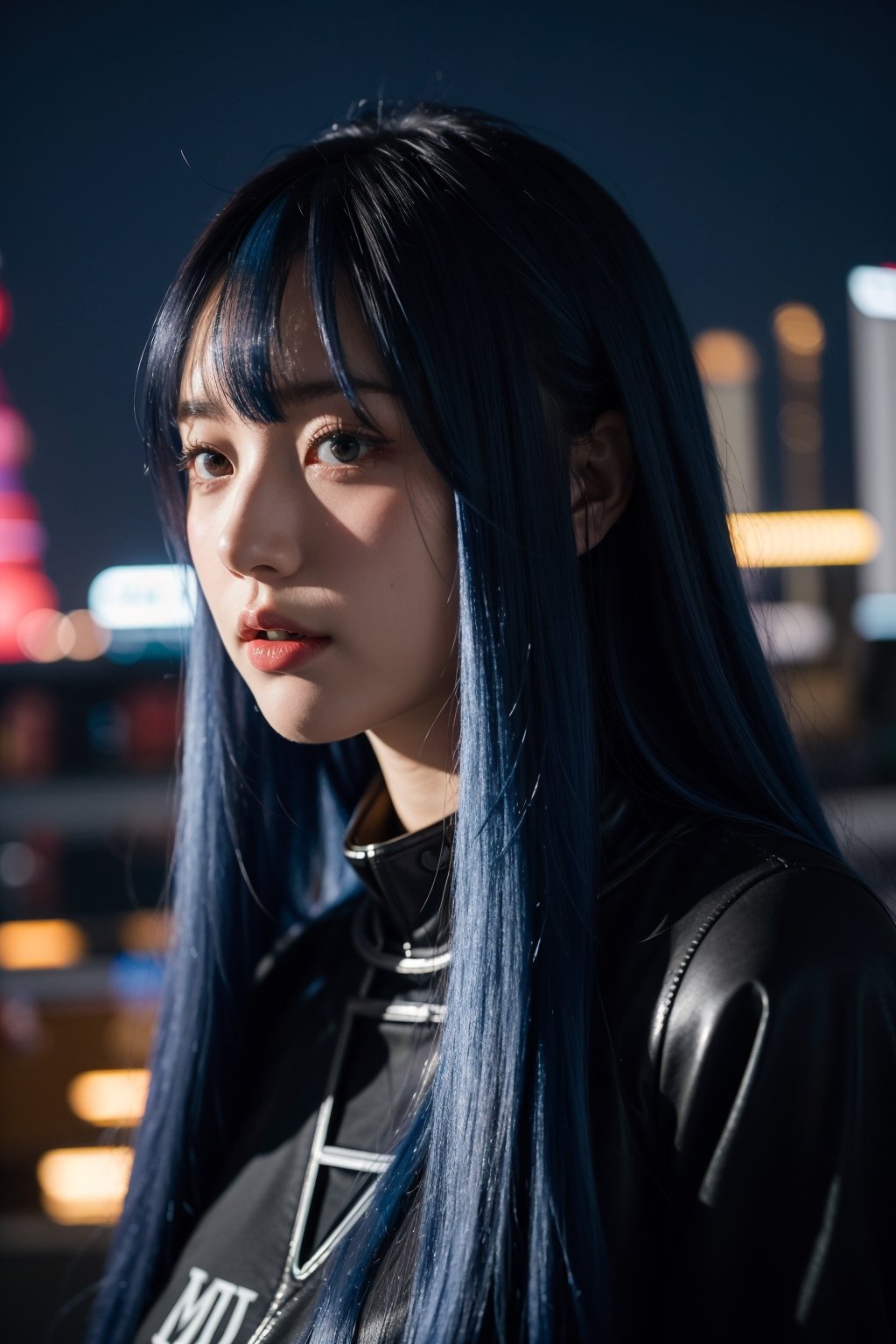 1girl,  long blue hair, (bangs:1.2),  half body,  showcase,  Tokyo tower,  Night,  low key lighting,  dutch angle,  , FilmGirl, mggirl, Mecha body, dream_girl, xxmixgirl
