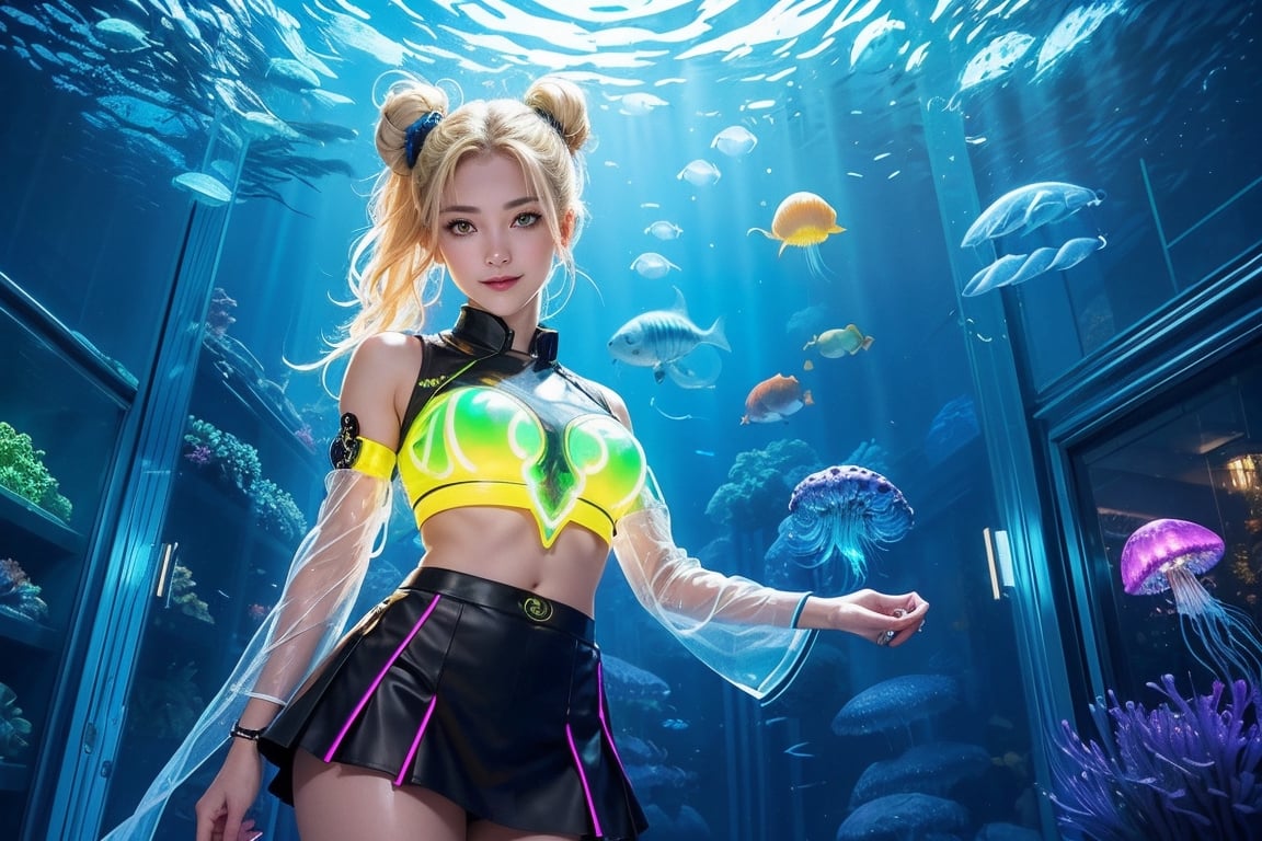 photo realistic, full color, (cyber punk:1.3, neon lighting, fractal illumination:1.23), dynamic posing, upper body from below, (OverallDetail:1.1), (floating glowing jellyfish and fish in the midnight aquarium:1.23), (a smiling exquisitely beautiful European actress enjoys in arch shaped glass corridor of a midnight aquarium and wearing half-sleeves school uniform :1.23), abs waist, blonde color Low bun, (fair skin:1.1), (slim face:1.1), (yellow eyes clear eyes:1.1, symmetrical eyes), long nose.,