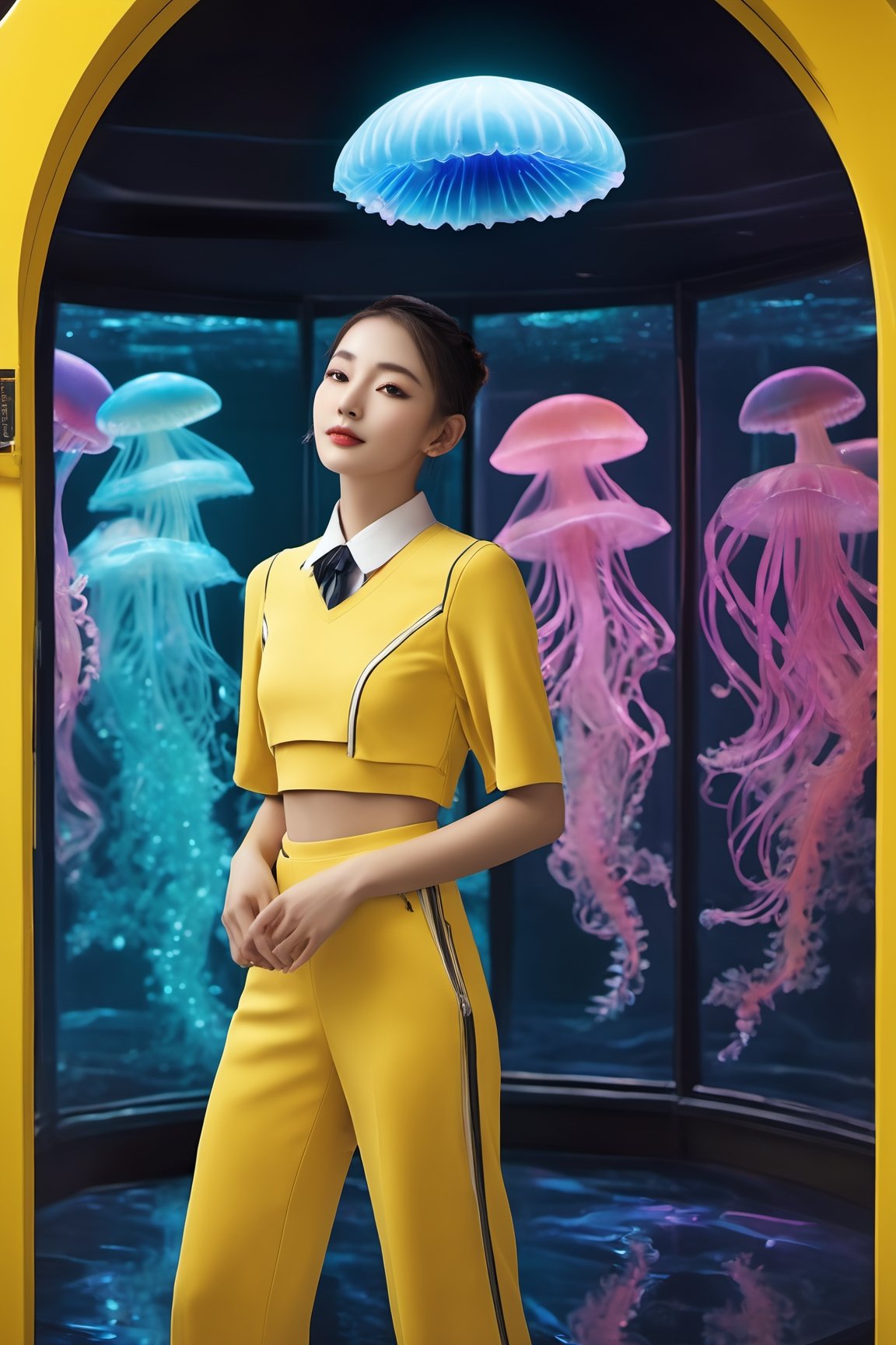 photo realistic, full color, (cyber punk:1.3, neon lighting, fractal illumination:1.23), dynamic posing, upper body from below, (OverallDetail:1.1), (floating glowing jellyfish and fish in the midnight aquarium:1.23), (a smiling exquisitely beautiful European actress enjoys in arch shaped glass corridor of a midnight aquarium and wearing half-sleeves school uniform :1.23), abs waist, blonde color Low bun, (fair skin:1.1), (slim face:1.1), (yellow eyes clear eyes:1.1, symmetrical eyes), long nose.,