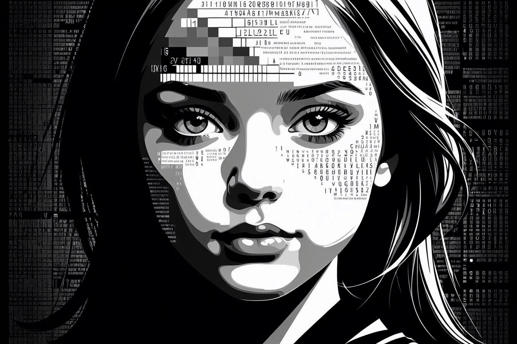 1girl,portrait composed of typographical elements,ASCII art aesthetic,monochrome,intricate details,creative use of letter shapes and negative space,high contrast,post-digital,