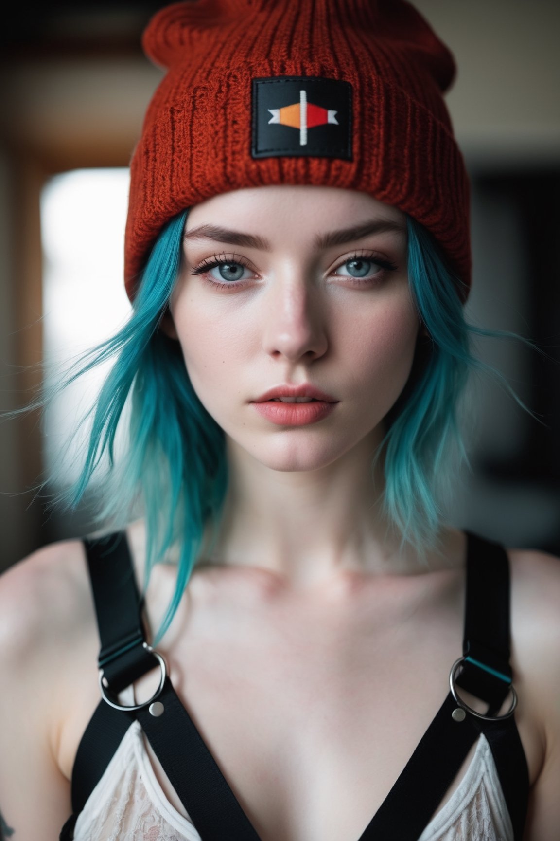 Thorough, analog style, eye focus, highest quality, (highly detailed skin), photo of a exquisitely beautiful pale skin punk Dutch girl, 21yo, (wearing harness, and beanie), perfect face, alluring eyes, [seductive makeup], skin pores, (piercing:0.5), indoor, messy bedroom, (bokeh:0.6), sharp focus, dappled lighting, (backlighting:0.7), film grain, photographed on a Sony A7R IV, 18mm F/1.7 cine lens, (highly detailed, intricately detailed), 8k, HDR, seductively posing, front view, (uppper body:0.9)