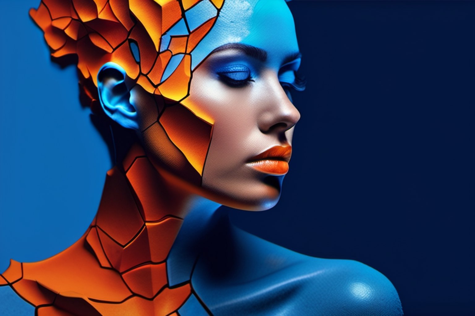 a close up of a person's face on a cracked surface, inspired by Alberto Seveso, featured on zbrush central, orange fire/blue ice duality!, portrait of an android, fractal human silhouette, red realistic 3 d render, blue and orange, subject made of cracked clay, woman, made of lava