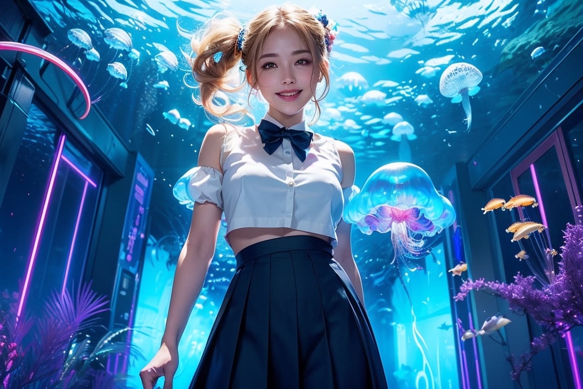 photo realistic, full color, (cyber punk:1.3, neon lighting, fractal illumination:1.23), dynamic posing, upper body from below, (OverallDetail:1.1), (floating glowing jellyfish and fish in the midnight aquarium:1.23), (a smiling exquisitely beautiful European actress enjoys in arch shaped glass corridor of a midnight aquarium and wearing half-sleeves school uniform :1.23), abs waist, blonde color Low bun, (fair skin:1.1), (slim face:1.1), (yellow eyes clear eyes:1.1, symmetrical eyes), long nose.,