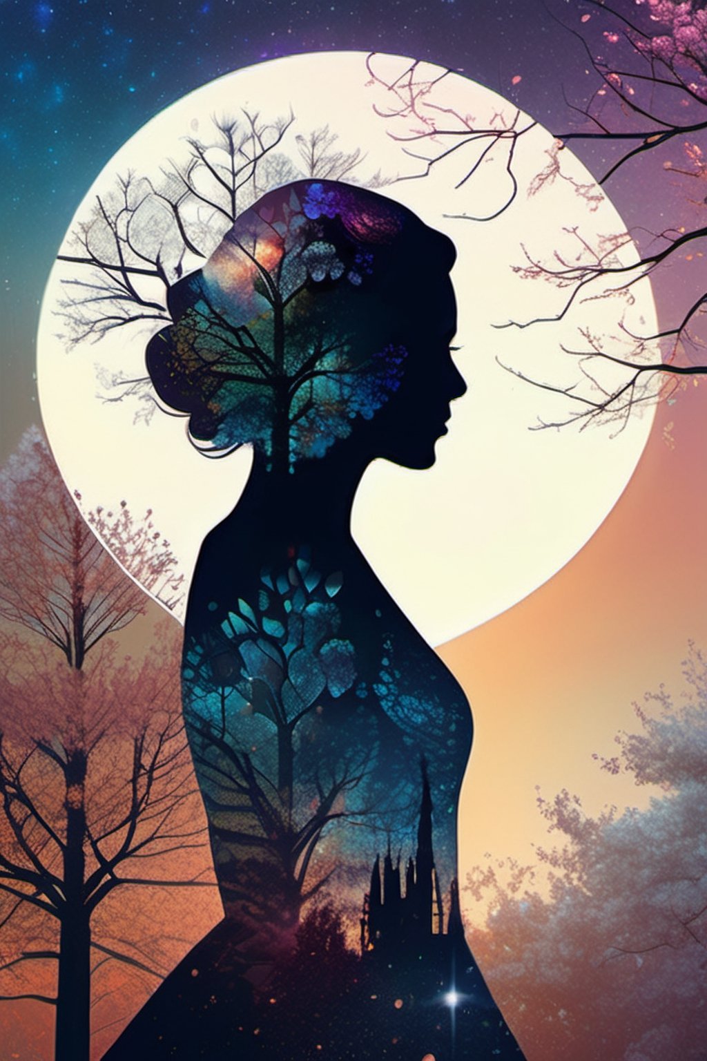 (Double exposure:1.3) photo of a noble lady made of mosaic of iridescent crystal glass with sub scattering mirror surface imposing onto transparent tree hollow trunk in living brocade underbust dress made out of flowers, bokeh sky by Peter Gric, Conrad Roset, Brandon Kidwell, Andreas Lie, Dan Mountford, Dan Witz, Agnes Cecile, Jeremy Mann, fine art, super dramatic moonshine, silhouette photoillustration, amazing depth, intricate detailed fine cracked surface, stunning atmosphere, mesmerizing whimsical vibrant scenery, complex masterwork by head of prompt engineering,