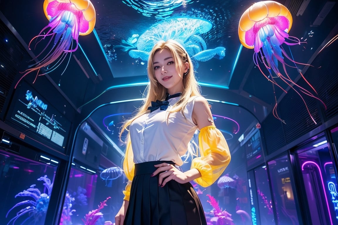 photo realistic, full color, (cyber punk:1.3, neon lighting, fractal illumination:1.23), dynamic posing, upper body from below, (OverallDetail:1.1), (floating glowing jellyfish and fish in the midnight aquarium:1.23), (a smiling exquisitely beautiful European actress enjoys in arch shaped glass corridor of a midnight aquarium and wearing half-sleeves school uniform :1.23), abs waist, blonde color Low bun, (fair skin:1.1), (slim face:1.1), (yellow eyes clear eyes:1.1, symmetrical eyes), long nose.,