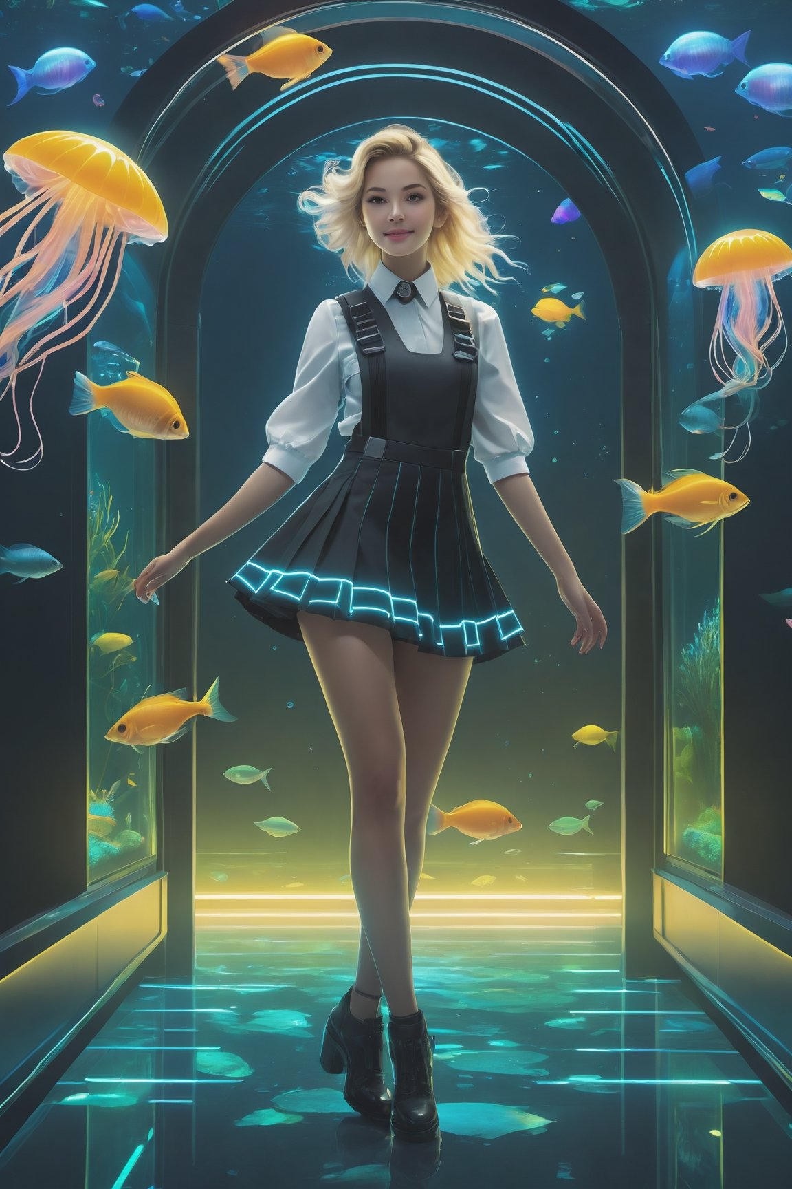 photo realistic, full color, (cyber punk:1.3, neon lighting, fractal illumination:1.23), dynamic posing, upper body from below, (OverallDetail:1.1), (floating glowing jellyfish and fish in the midnight aquarium:1.23), (a smiling exquisitely beautiful European actress enjoys in arch shaped glass corridor of a midnight aquarium and wearing half-sleeves school uniform :1.23), abs waist, blonde color Low bun, (fair skin:1.1), (slim face:1.1), (yellow eyes clear eyes:1.1, symmetrical eyes), long nose.,