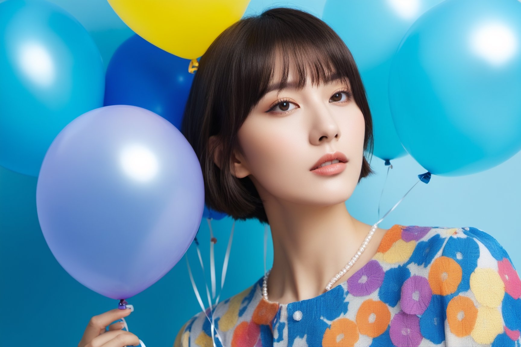 1 koera girl,Vogue style (magazine_cover:1.5) ,short hair,bangs,fashion outfit, portrait , colorfull ballon background , blue splash,xxmixgirl