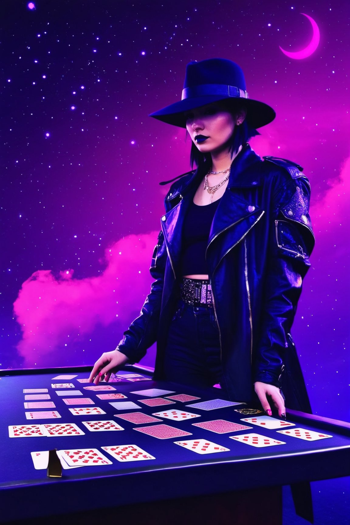 1girl, magician, show a deck of card, ink spary,ace of spade,floating dust,aw0k euphoric style,cyberpunk style