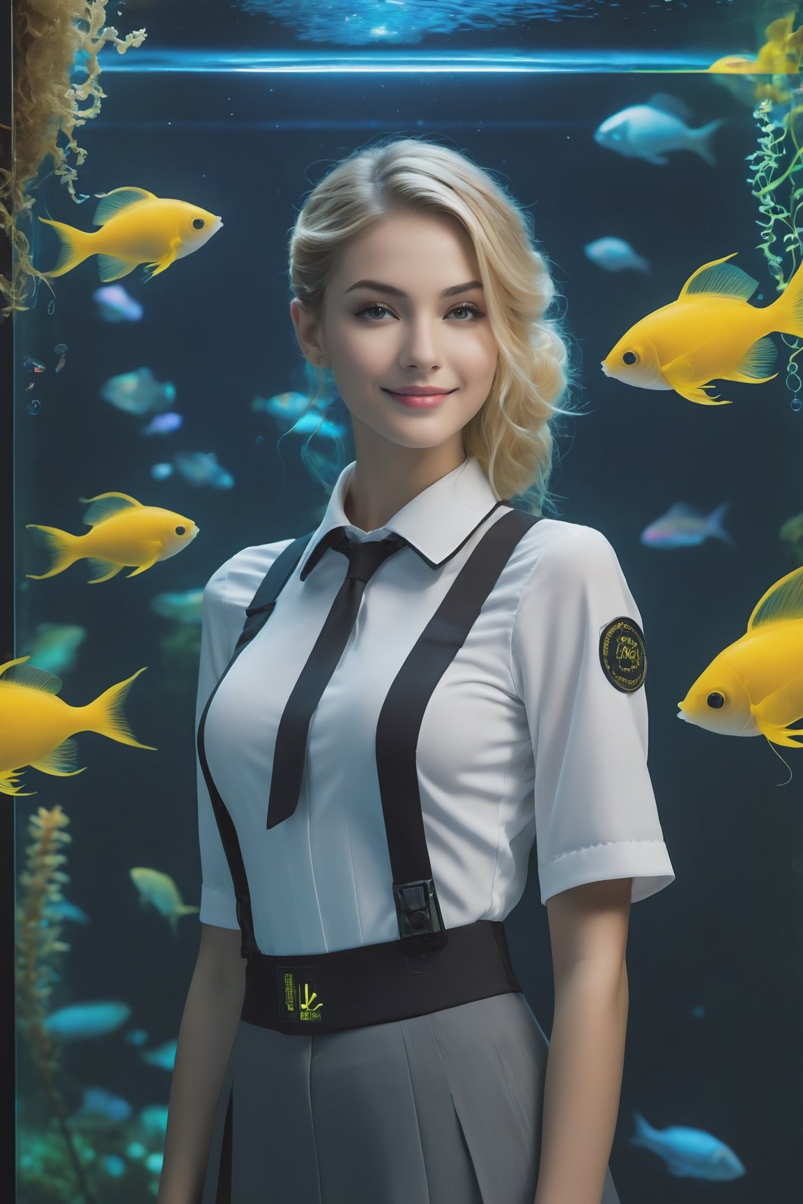 photo realistic, full color, (cyber punk:1.3, neon lighting, fractal illumination:1.23), dynamic posing, upper body from below, (OverallDetail:1.1), (floating glowing jellyfish and fish in the midnight aquarium:1.23), (a smiling exquisitely beautiful European actress enjoys in arch shaped glass corridor of a midnight aquarium and wearing half-sleeves school uniform :1.23), abs waist, blonde color Low bun, (fair skin:1.1), (slim face:1.1), (yellow eyes clear eyes:1.1, symmetrical eyes), long nose.,