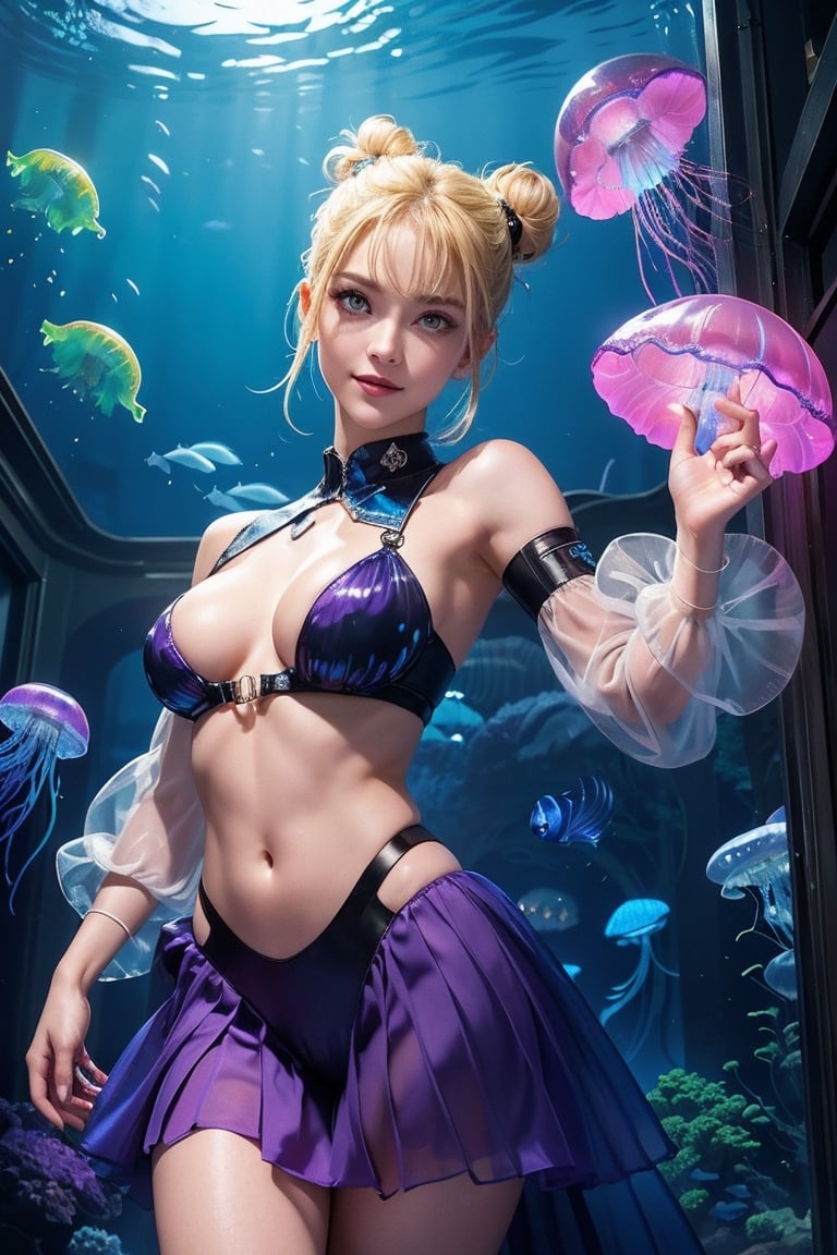 photo realistic, full color, (cyber punk:1.3, neon lighting, fractal illumination:1.23), dynamic posing, upper body from below, (OverallDetail:1.1), (floating glowing jellyfish and fish in the midnight aquarium:1.23), (a smiling exquisitely beautiful European actress enjoys in arch shaped glass corridor of a midnight aquarium and wearing half-sleeves school uniform :1.23), abs waist, blonde color Low bun, (fair skin:1.1), (slim face:1.1), (yellow eyes clear eyes:1.1, symmetrical eyes), long nose.,