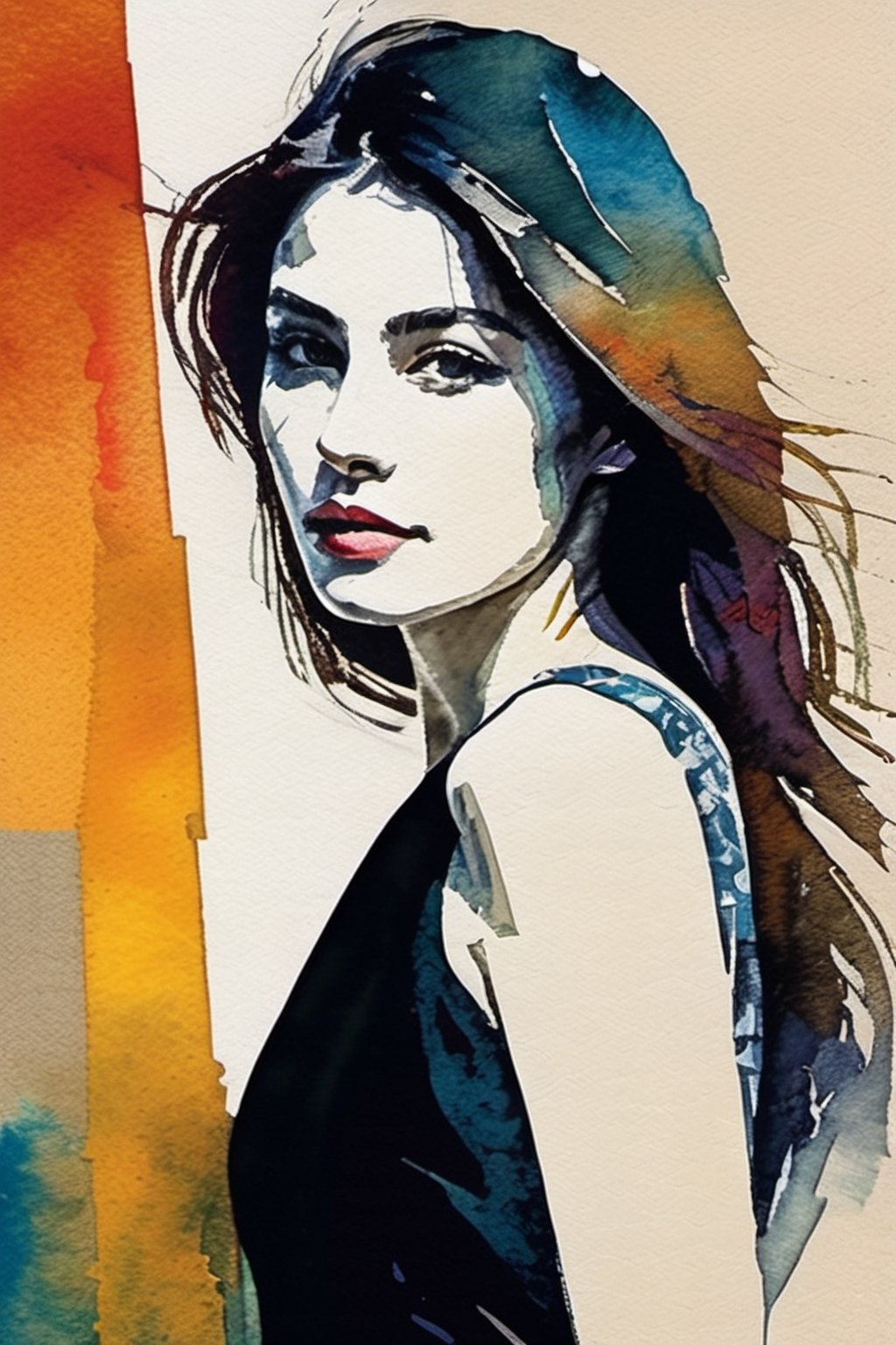 a drawing of a woman, portrait, lookin at the camera, colorful, hints of oil painting style, hints of watercolor style, brush strokes, negative white space, captivating beauty, crisp, sharp, textured collage, layered fibers, post-impressionist, hyper-realism, 